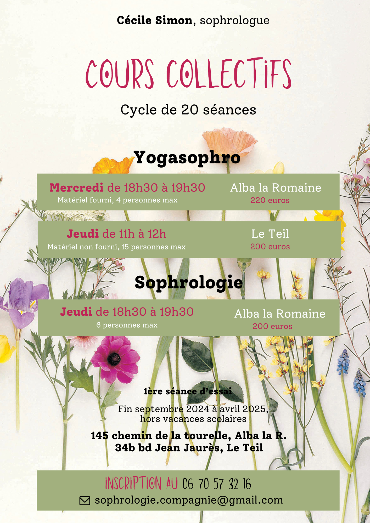 Affiche cours collectifs Yogasophro